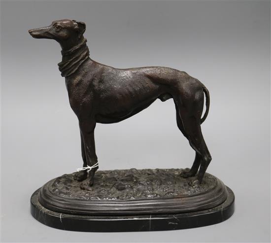 A spelter bronzed figure of a greyhound, on a marble base, signed Mene height 27cm